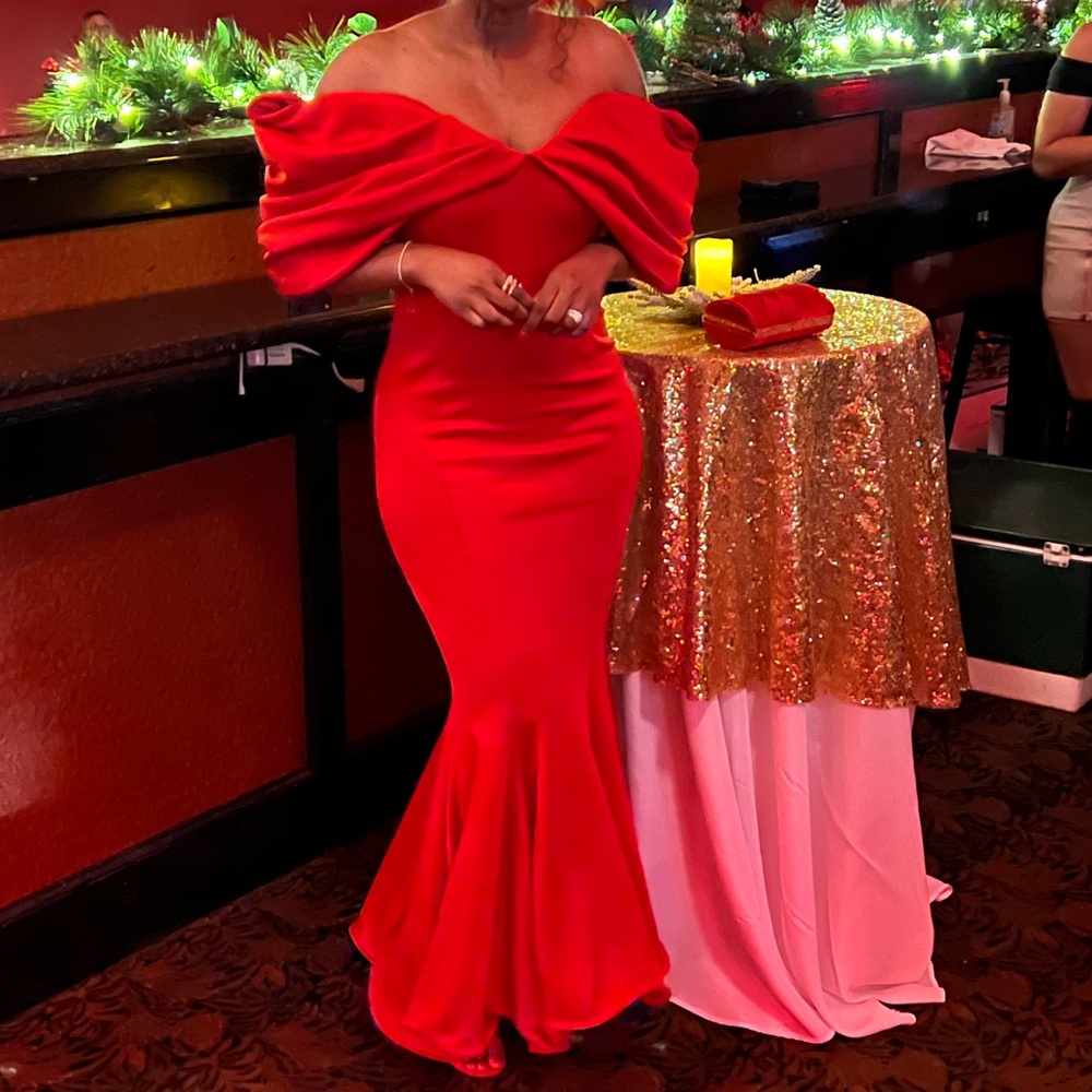 Red formal dress. Great for holiday parties.